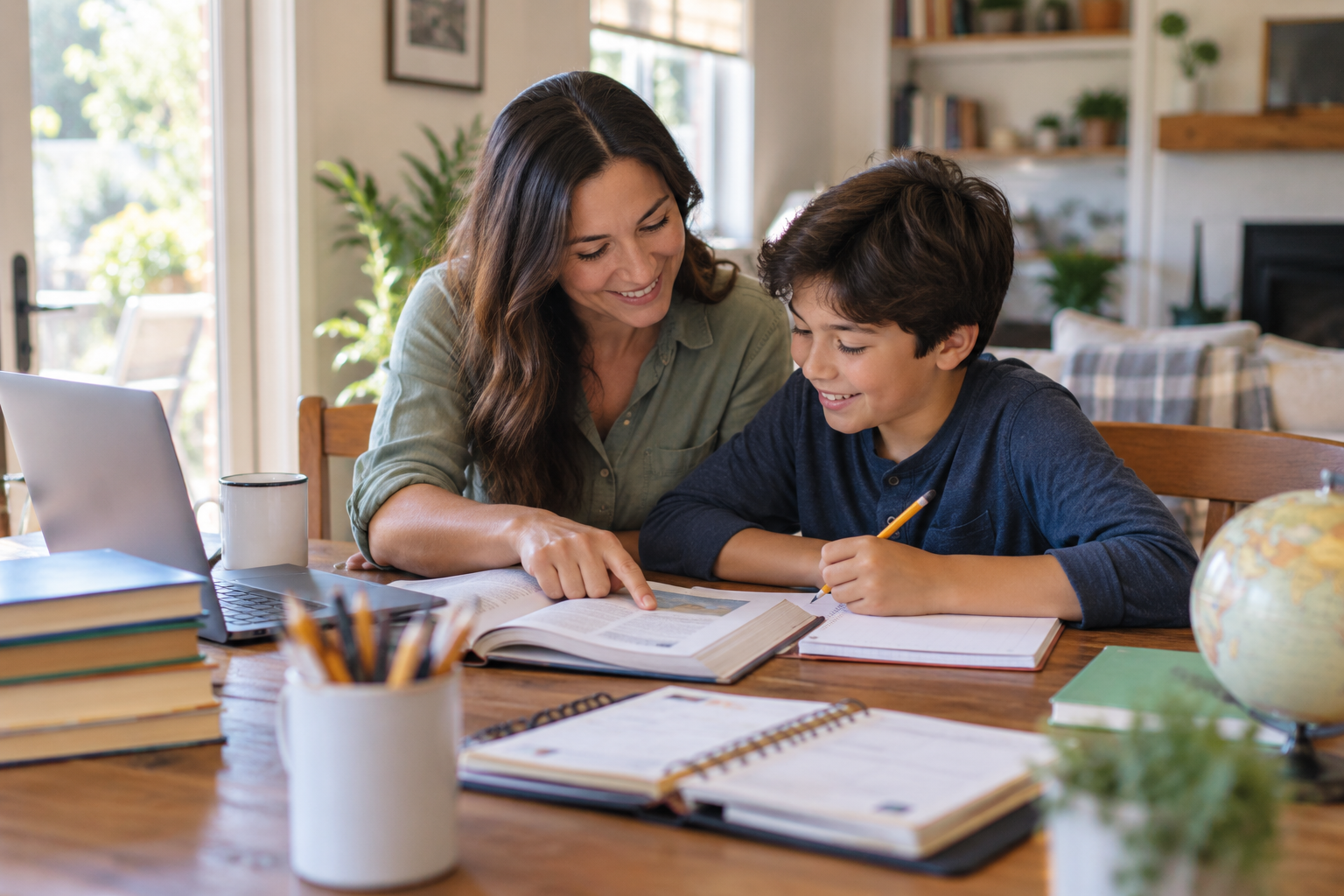 Parent and child learning together at home